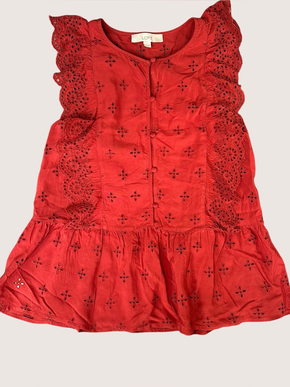 LOFT Red Eyelet Button-Front Top with Ruffle Trim Tomato Girl Vibe
